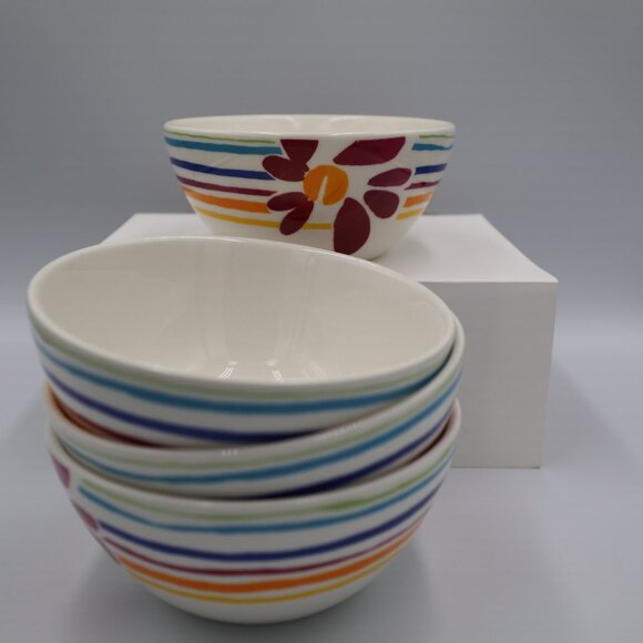 Pfaltzgraff Flourish Soup/Cereal Bowl (4) -5 7/8" x 2 5/8" Tall-Flower & Stripes - Picture 3 of 4